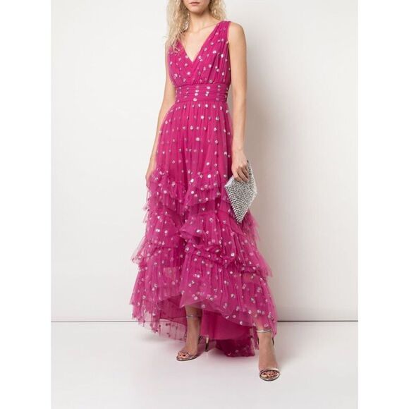 Marchesa Notte sequin dot tulle ruffle dress size US 8 Pink - Picture 1 of 12